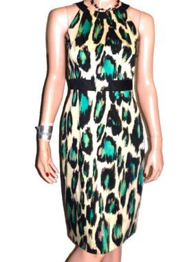 David Meister Tan Black Green Animal Print Dress 4
